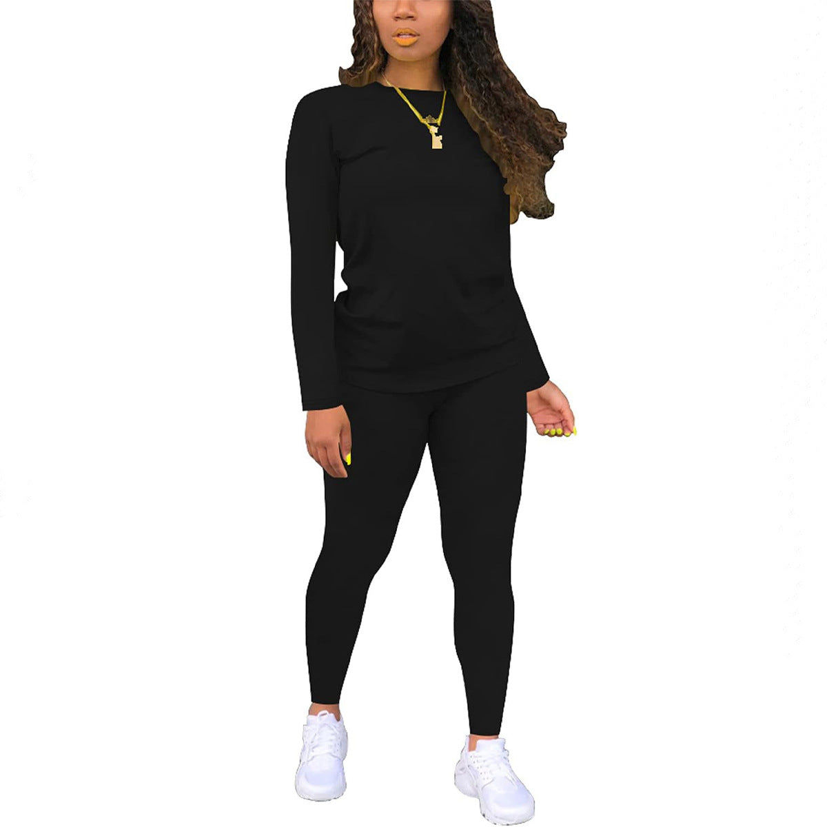 VVZ Women's Solid Long Sleeve Tee & Elastic Waist Pants Set