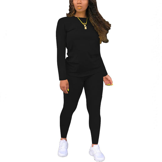 VVZ Women's Solid Long Sleeve Tee & Elastic Waist Pants Set
