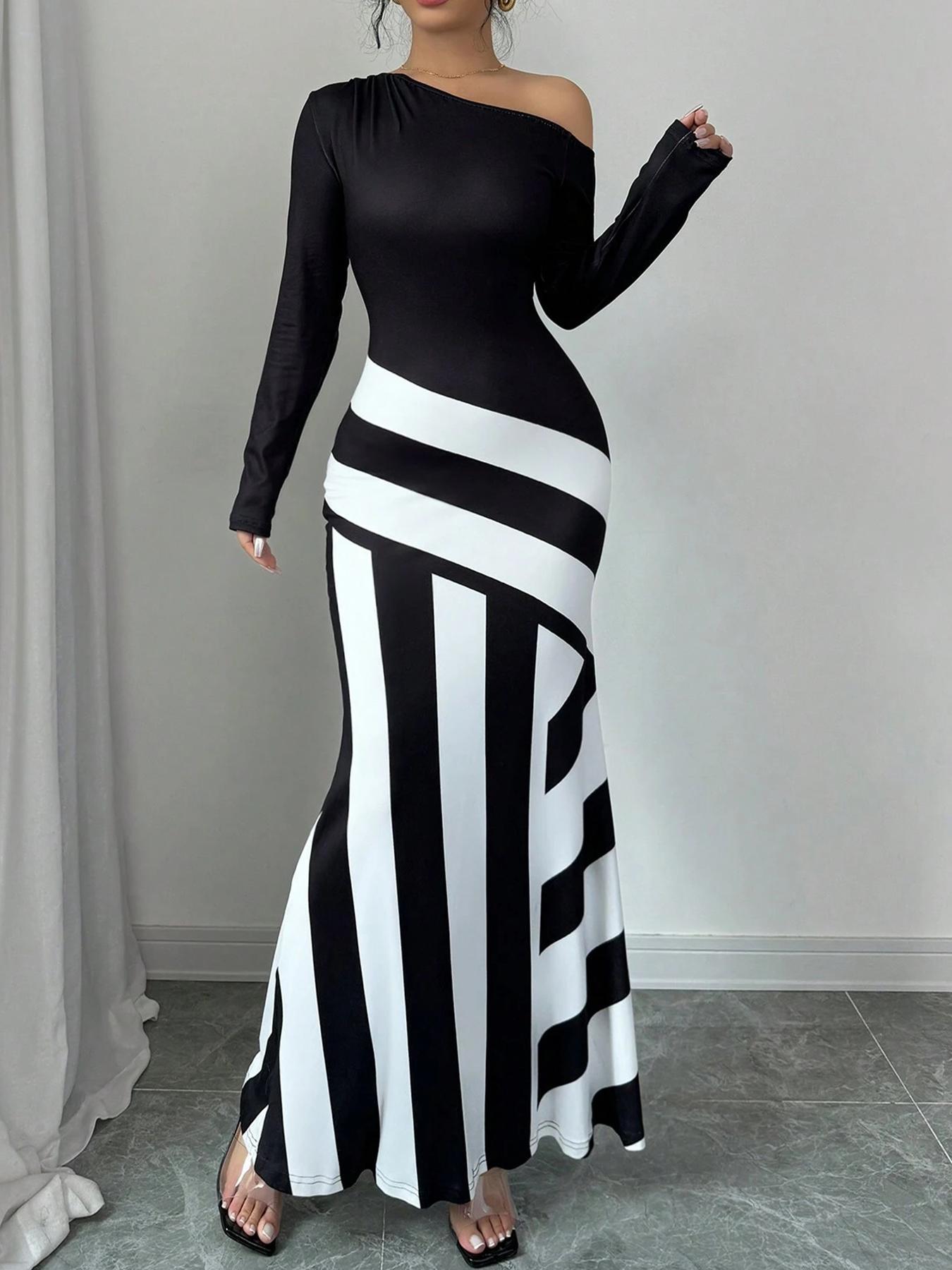 VVZ Women's Colorblock Striped Print Asymmetrical Neck Mermaid Dress