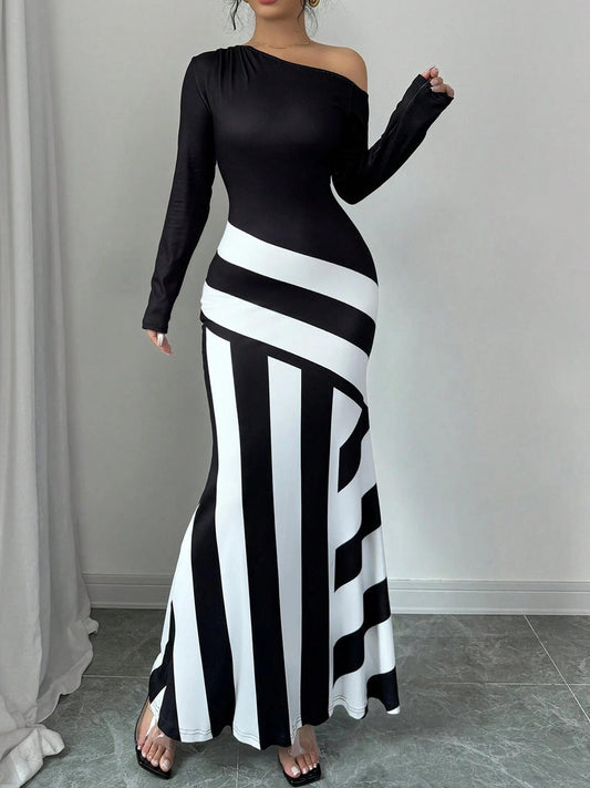 VVZ Women's Colorblock Striped Print Asymmetrical Neck Mermaid Dress