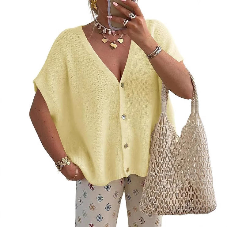 VVZ Lightweight, Short-Sleeve Batwing Knit Top with Button-Front V-Neck