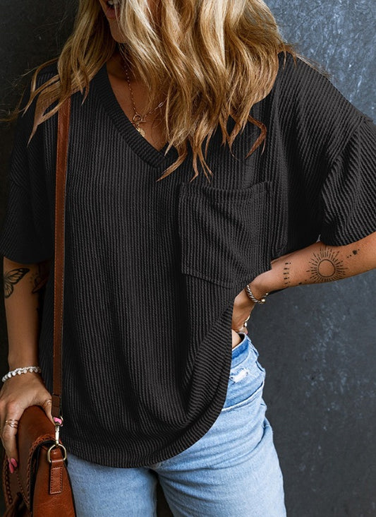 VVZ Women's Plain Textured Pocket V Neck Tee