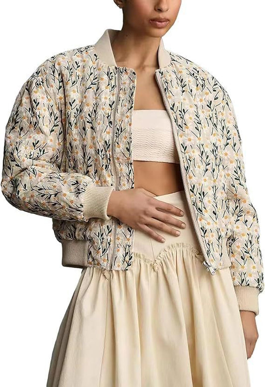 VVZ Women's Ramie Linen Embroidered Daisy Cropped Bomber Jacket