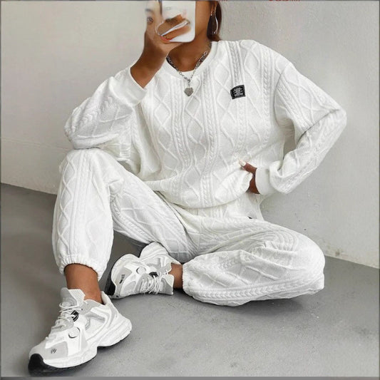 VVZ Ribbed Jacquard Long Pants Casual Two-Piece Set