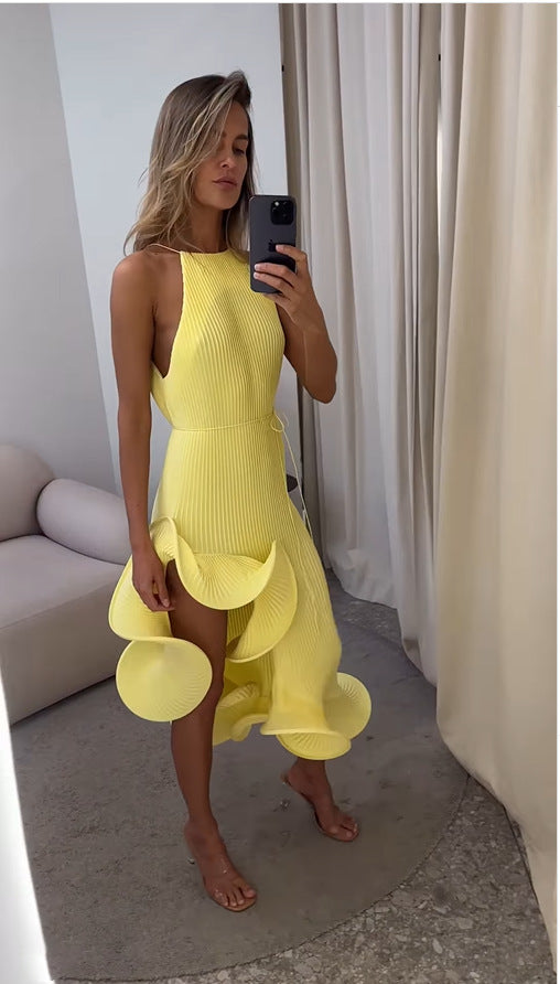 VVZ Irregular Ruffle, Sleeveless, Tie-Waist, Slim-Fit Dress