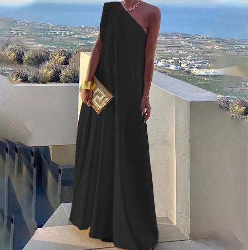 VVZ Loose-Fit, Asymmetrical, Solid-Color, Slit, One-Shoulder Maxi Dress