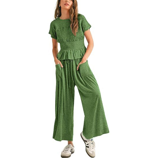 VVZ Women’s 2-Piece Smocked Top & Wide-Leg Pants Set