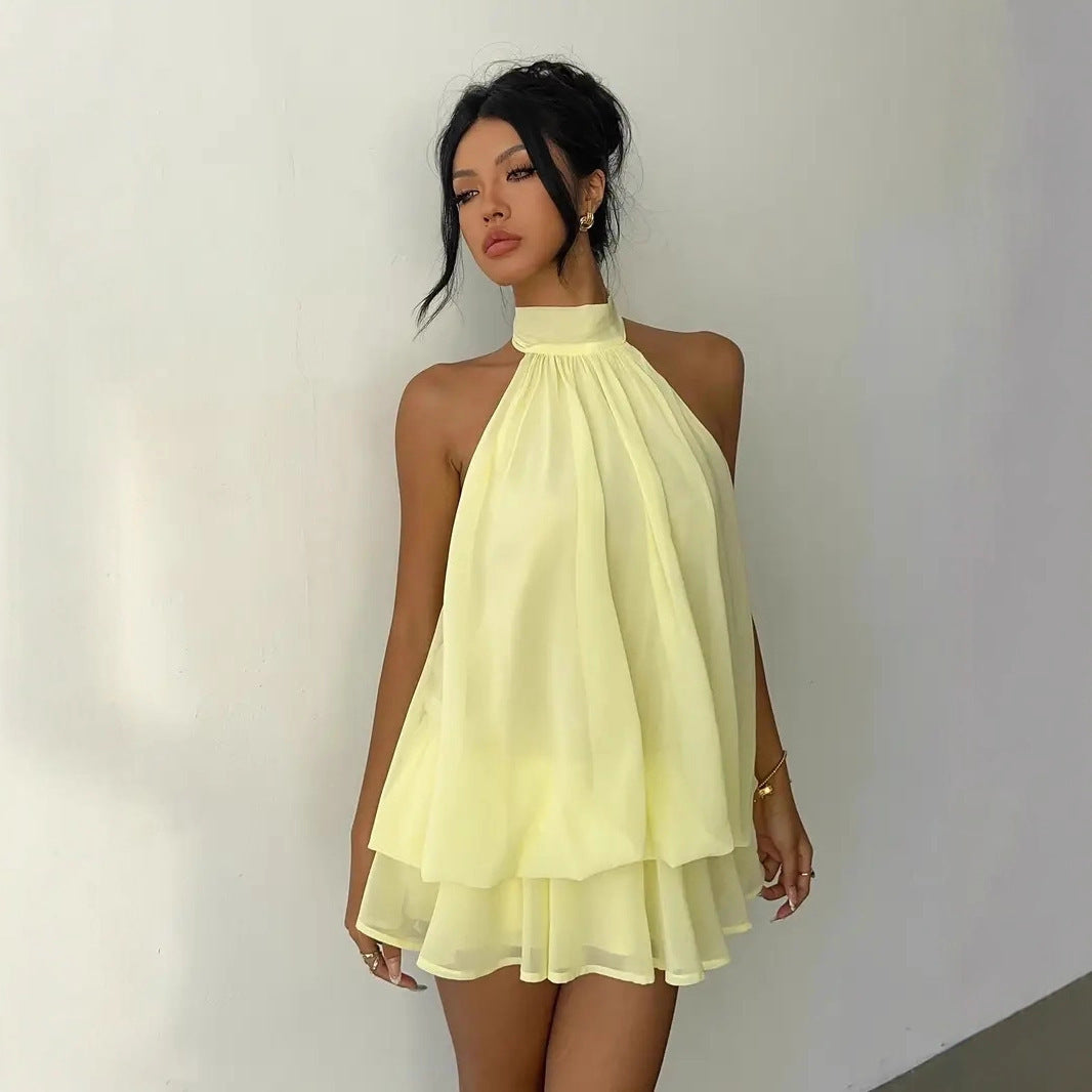 VVZ  Women's Summer Casual Fashion Halter Tie Back Mini Dress