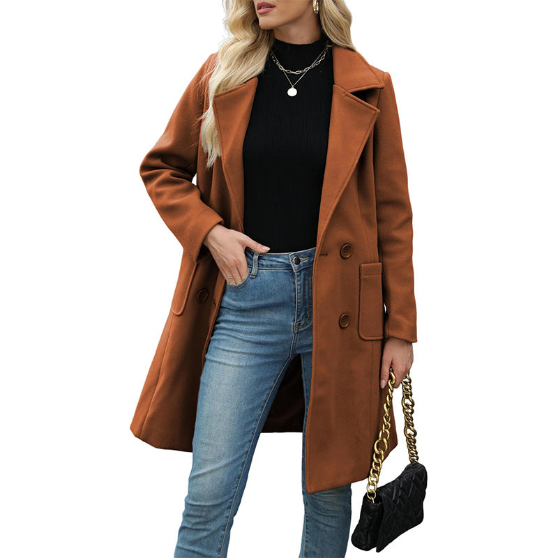 VVZ Women Winter  Camel Mid-Long Coat Notch Double-Breasted Lapel Jacket Outwear