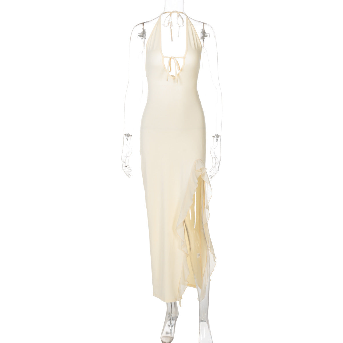 VVZ Solid-Color Ruffled, Slit, Lace-Up Backless Maxi Dress