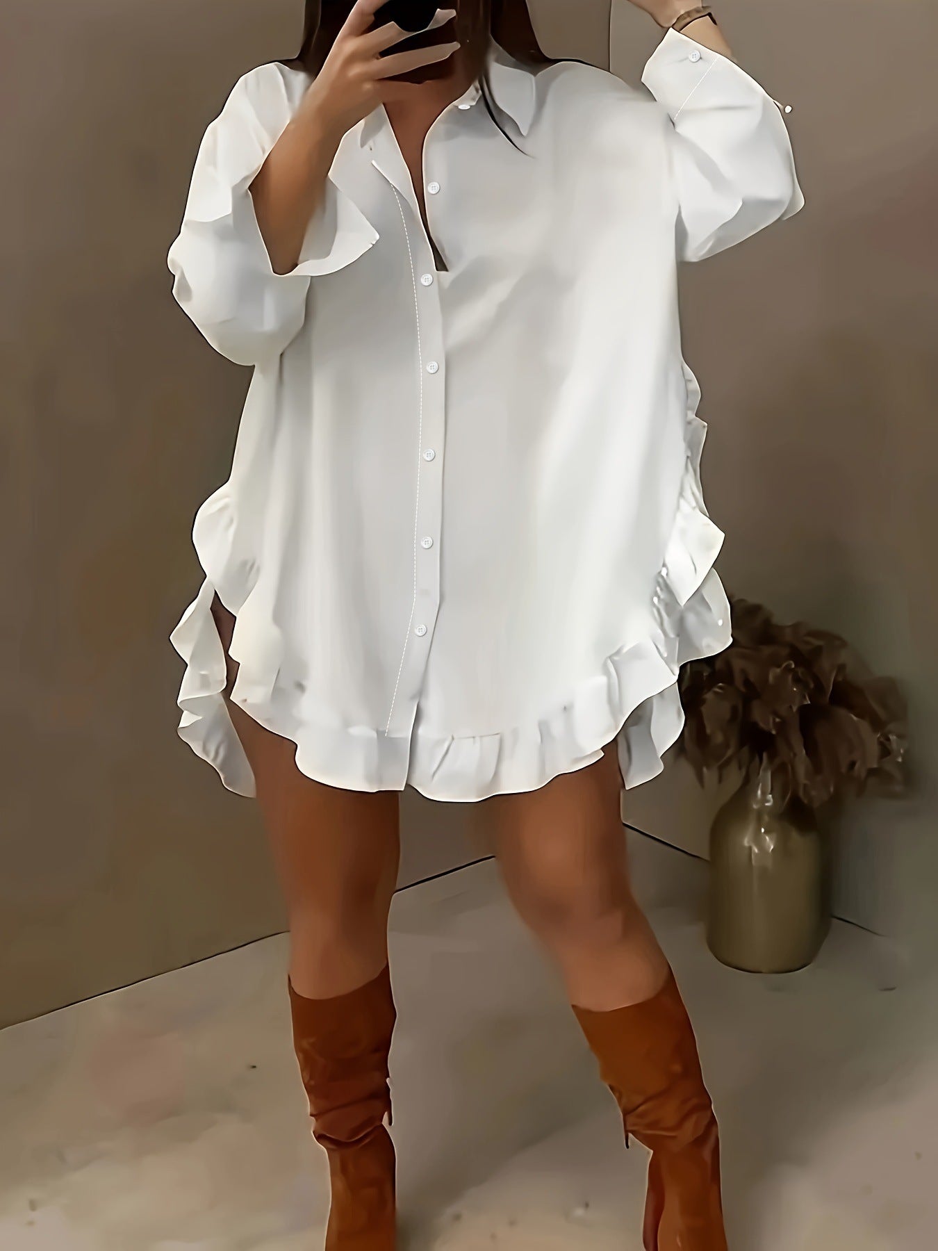 VVZ Women's Plain Ruffle Trim Button Front Blouse