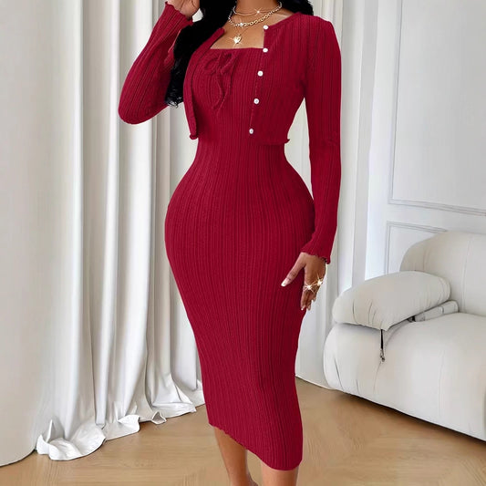 VVZ Women's Solid Button Front Crop Top & Ribbed Bodycon Dress Set