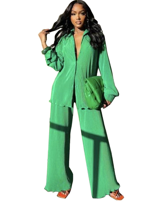 VVZ Women's Solid Button Front Shirt & Elastic Waist Pants Two-piece Set