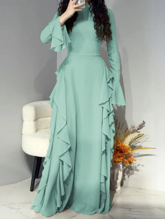 VVZ Solid-Color Waist-Cinching Maxi Dress with Flared Sleeves