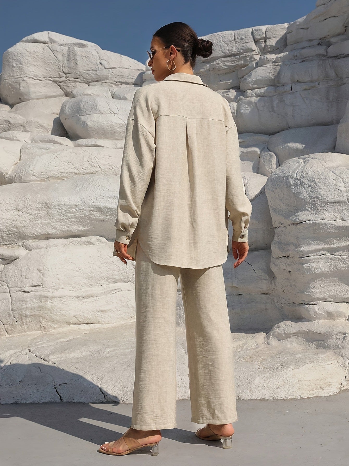 VVZ Women's Solid Button Front Shirt & Tie Front Wide Leg Pants Two-piece Set