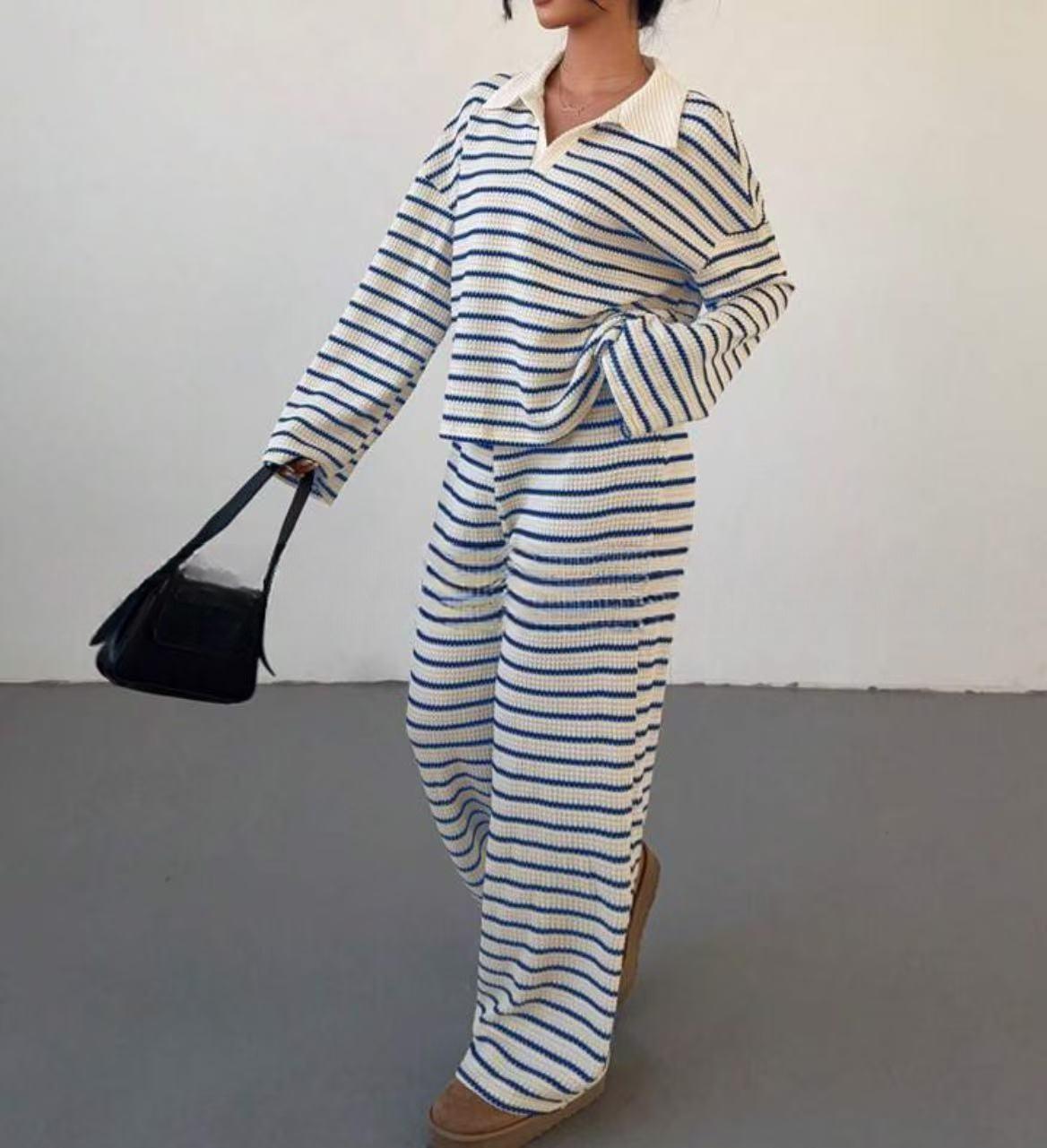 VVZ Women's Casual Color Matching Stripe Long Sleeve Top & Wide Leg Trousers Co-ord