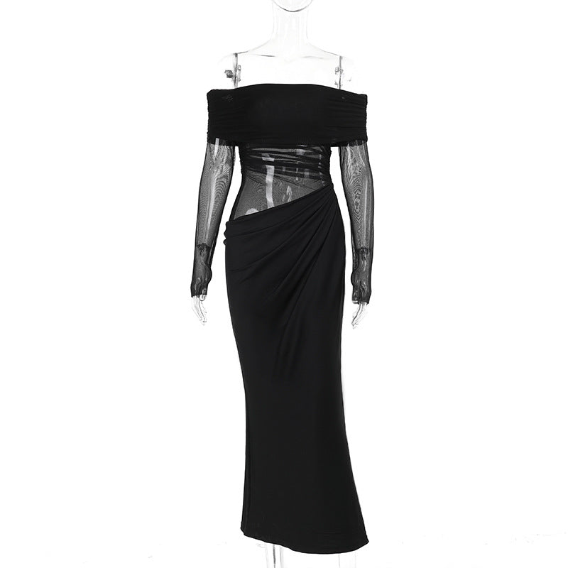 VVZ Women's Plain Off Shoulder Ruched Sheer Mesh Dress