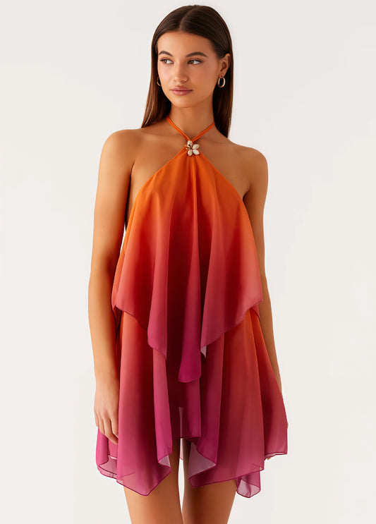 VVZ Loose-Fit Mesh Halter Dress with Gradient Color