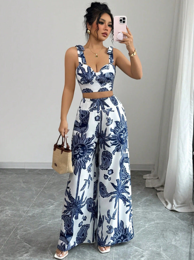 VVZ Women's Boho Style Floral Print Sleeveless Top & Belted Straight Leg Pants Set