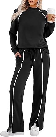 VVZ Women's Fashion New Round Neck Solid Color Patch Long Sleeve Top & Pants Set