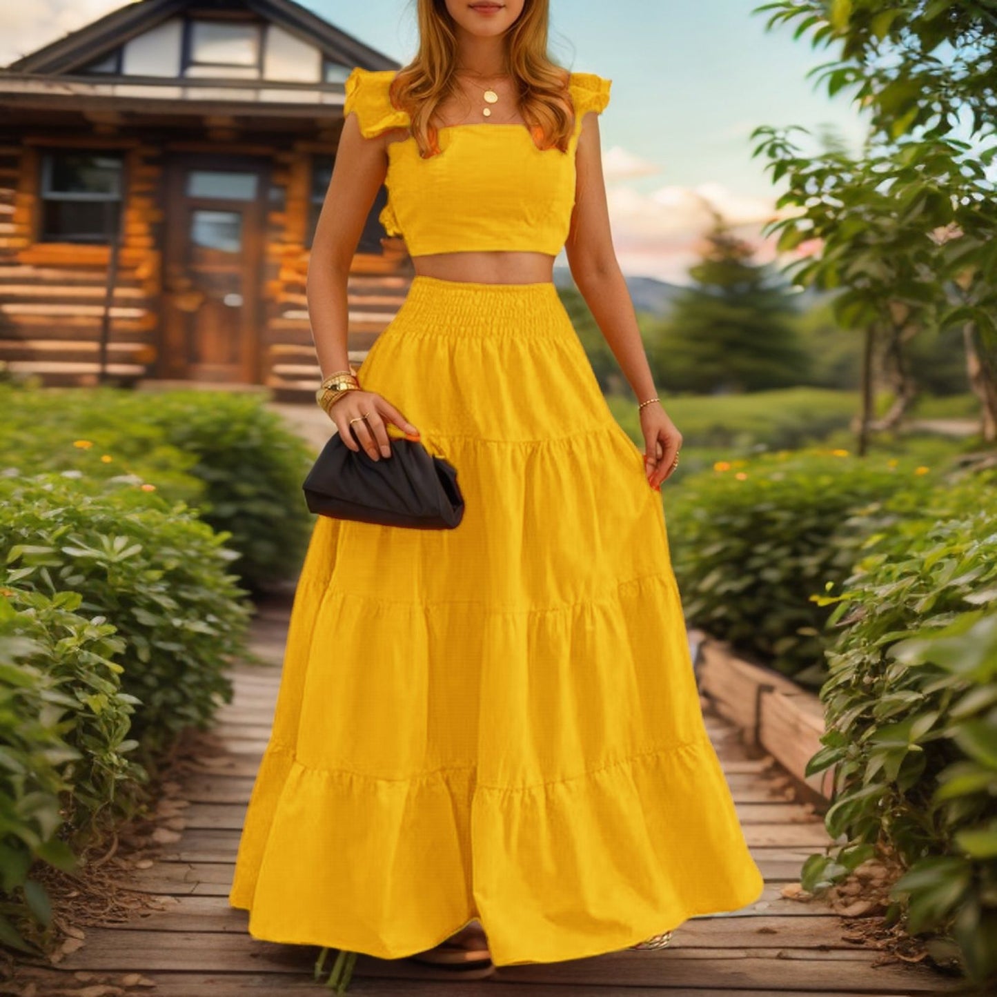 VVZ Women's Solid-Color Top and Long Skirt Two-Piece Set