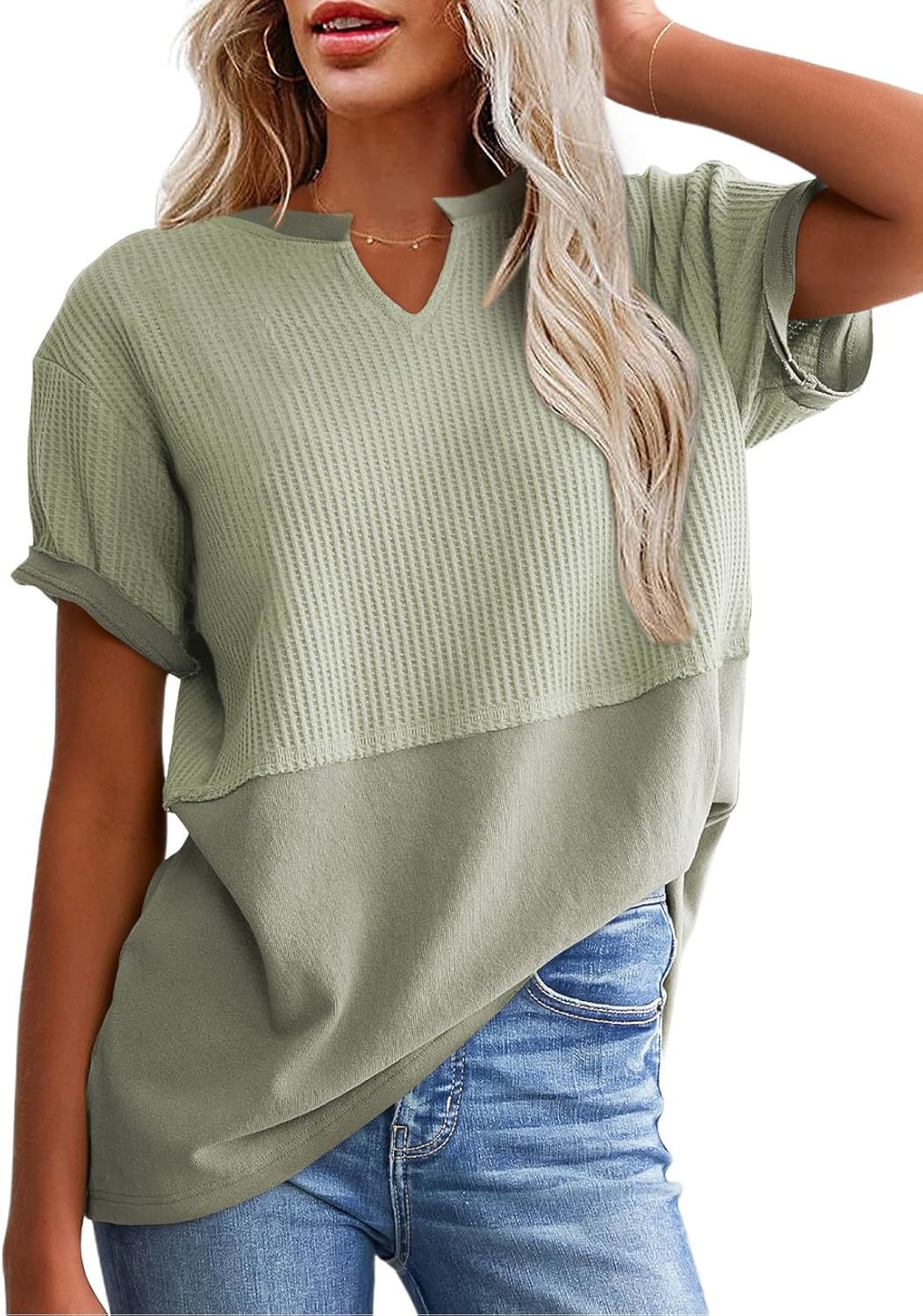 VVZ Cozy Oversized Waffle Knit V-Neck Top