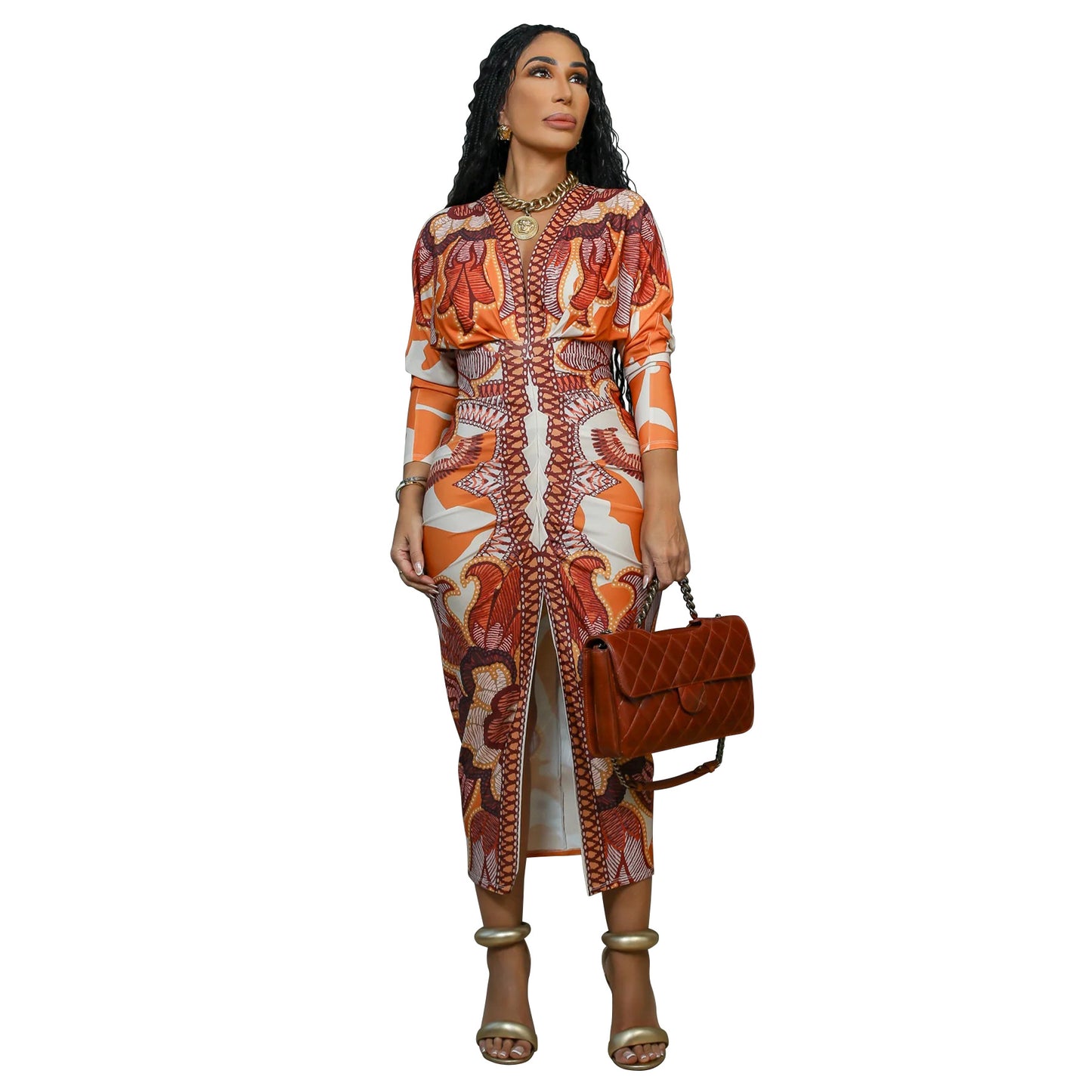 VVZ V Neck Long Sleeve Folds Sling Skinny Dresses