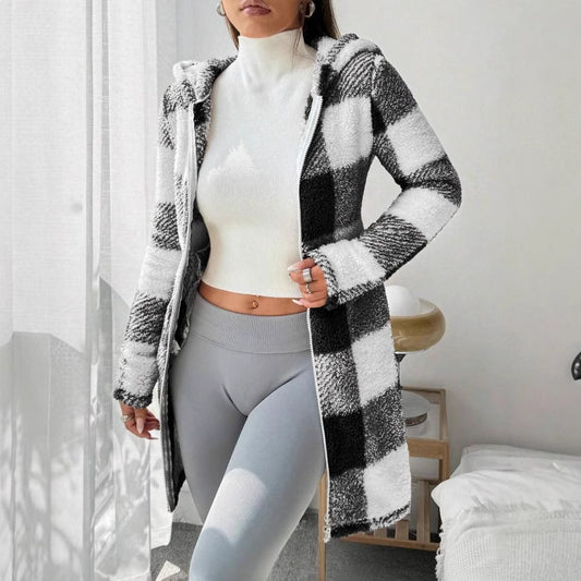 VVZ Women's Plaid Fleece Long Sleeve Hooded Coat, Mid-Weight Longline Outerwear