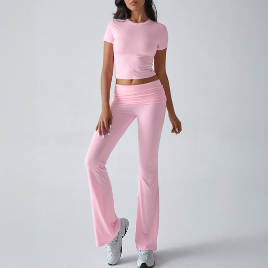 VVZ Women's Solid Color Crop Tee & Flare Leg Pants Two-piece Set