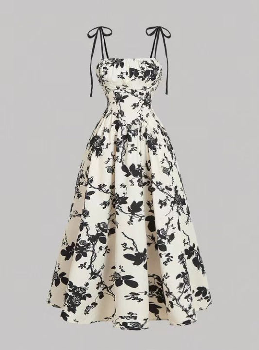 VVZ Women's Slim-Fit Floral Print Strappy Dress with Tie Detail