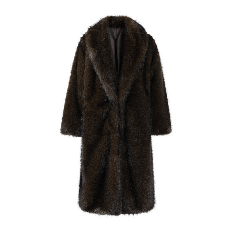 VVZ Women's Solid Color Open Faux Fur Coat, Elegant Long Sleeve Waterfall Collar Outerwear