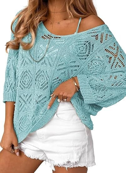 VVZ Spring/Summer Openwork Crocheted Pullover Sweater with Three-Quarter Sleeves