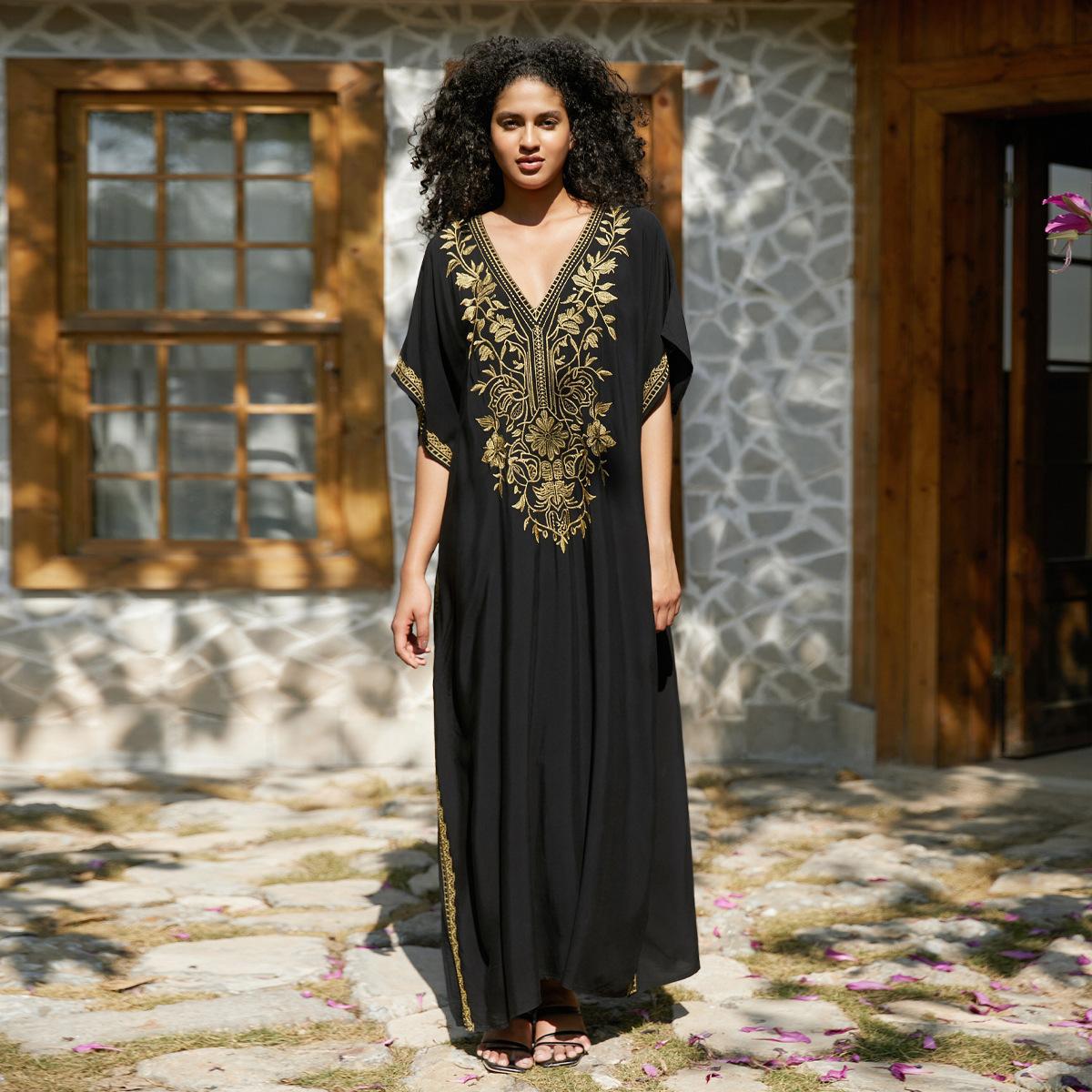 VVZ Elegant Summer V-Neck Half-Sleeve Maxi Dress