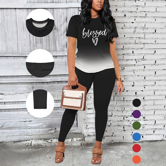 VVZ Women's Gradient Print T-Shirt and Slim-Fit Leggings Two-Piece Se