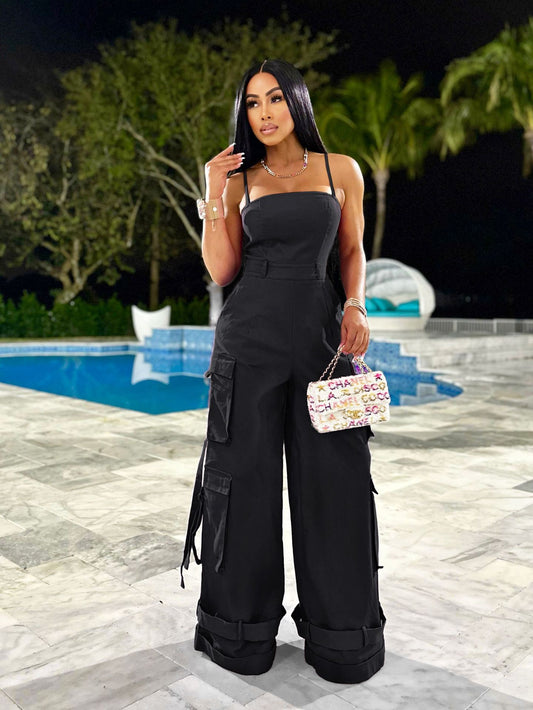 VVZ Women's Solid-Color Wide-Leg Cargo Jumpsuit