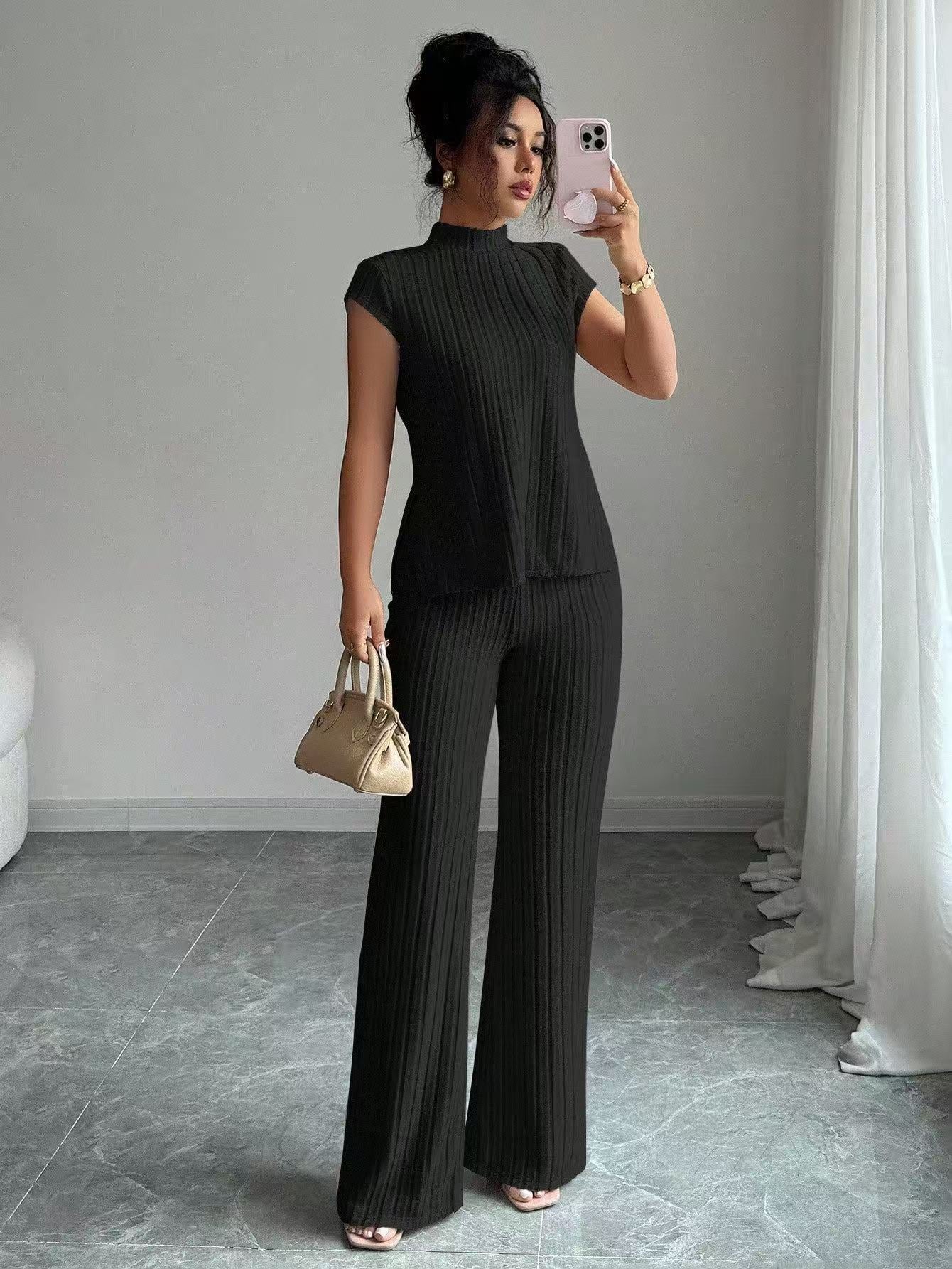 VVZ Soft Ribbed Knit Short Sleeve Top & Flare Trousers