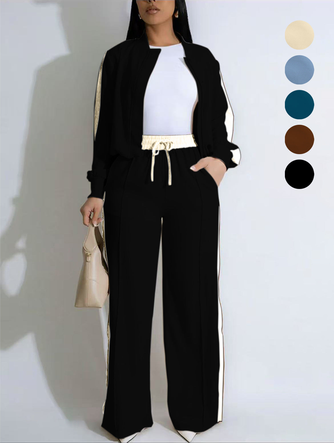 VVZ Two-piece Set Women's Patchwork Top & Wide Leg Pants Set