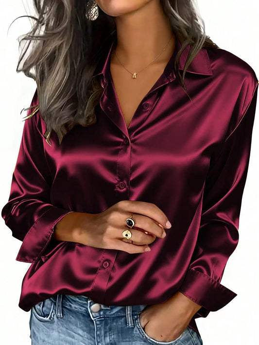 VVZ Women's solid color satin button-down long-sleeved casual shirt