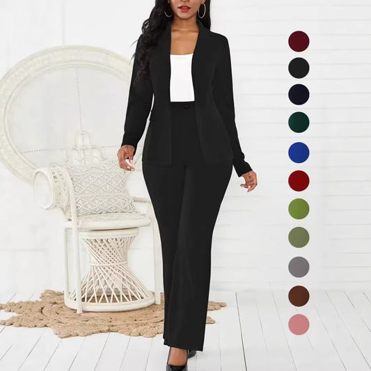 VVZ Women's Two-Piece Set Plain Button Lapel Blazer & Suit Pants