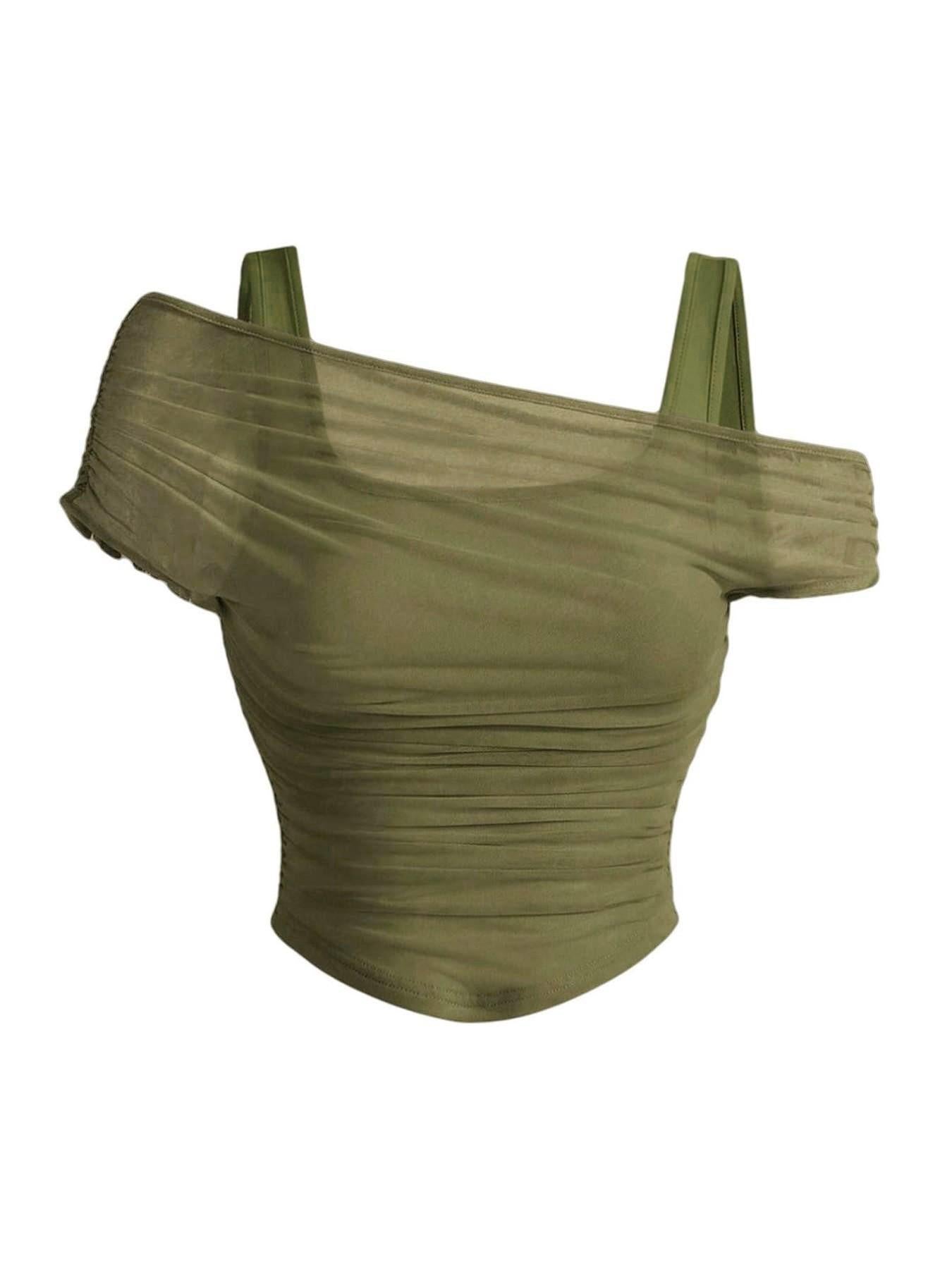 VVZ Women's Asymmetrical Neckline Ruched Cropped Top