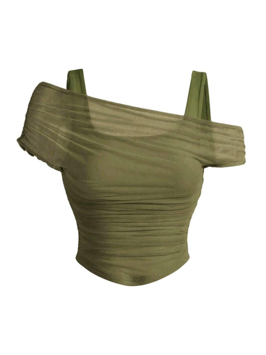 VVZ Women's Asymmetrical Neckline Ruched Cropped Top