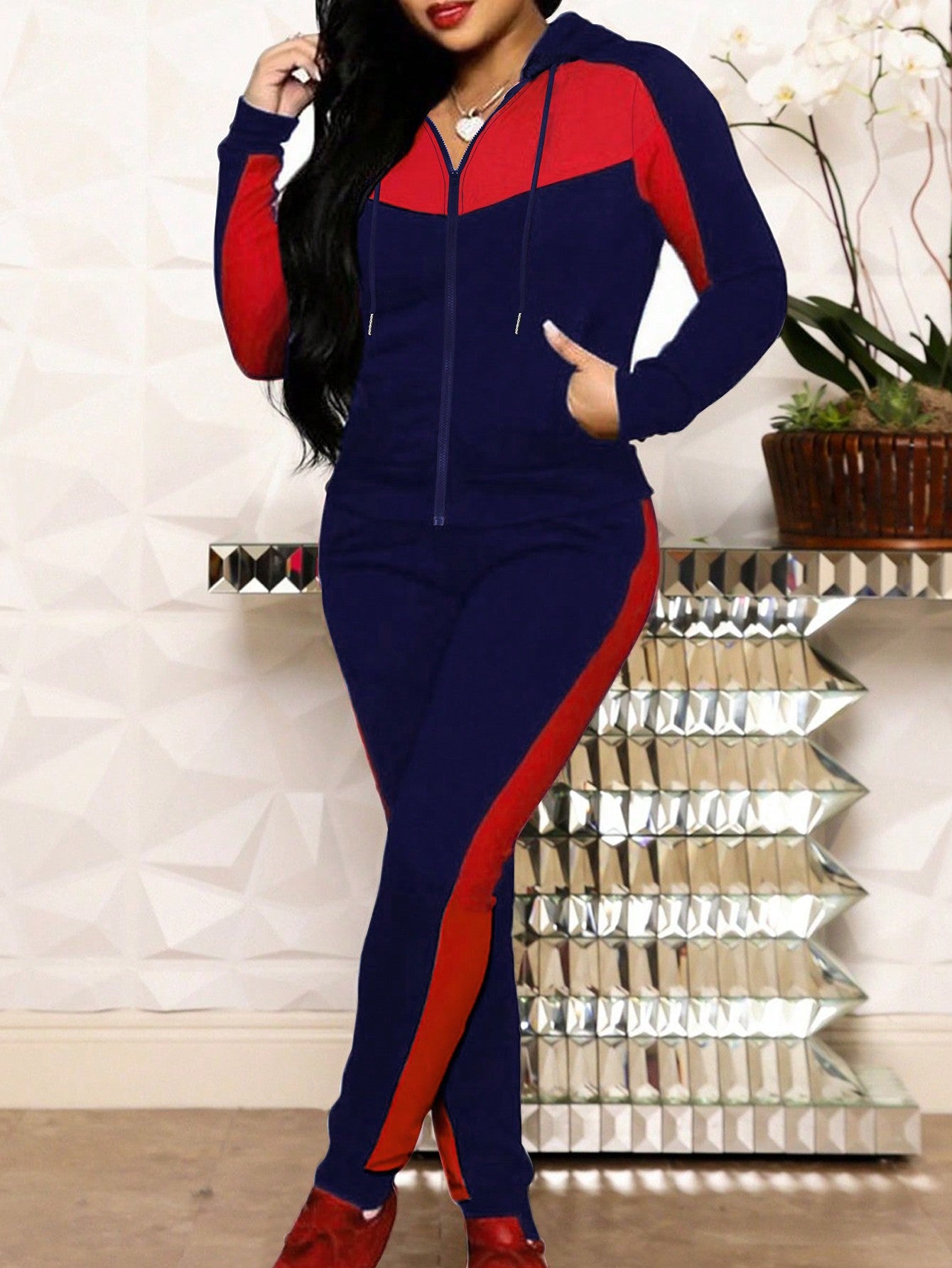 VVZ Two-piece Set Women's Colorblock Zip Up Hoodie & Pocket Pants