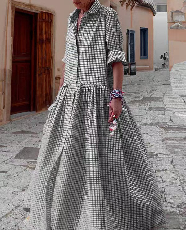 VVZ Women's Vintage Plaid Shirt Dress