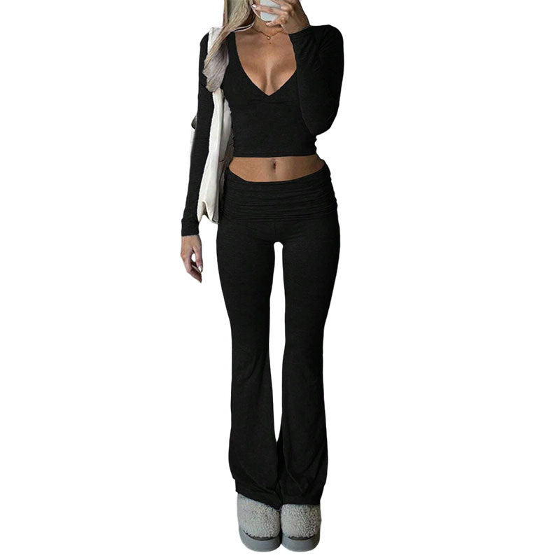 VVZ Slim-Fit Crop Top & Pants Two-Piece Set, Solid Color V-Neck Long Sleeve