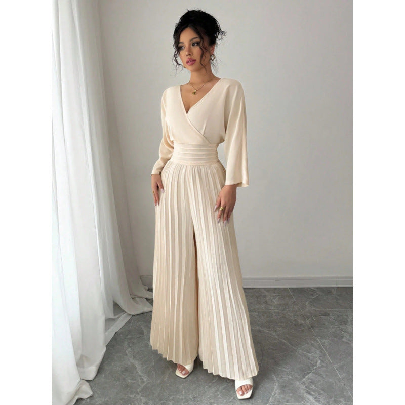 VVZ Women's Elegant V Neck Batwing Sleeve Pleated Wide Leg Pants