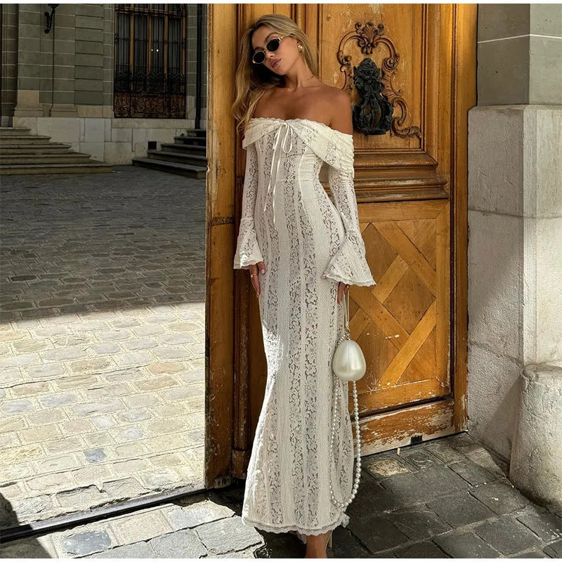 VVZ Women's Plain Contrast Lace Off Shoulder Dress
