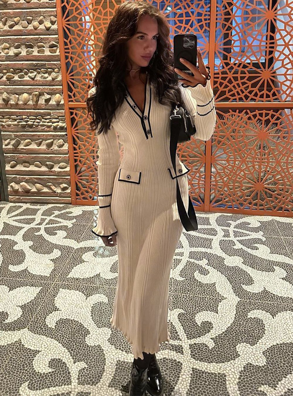 VVZ Contrast Trim Buttoned Ribbed Sweater Dress