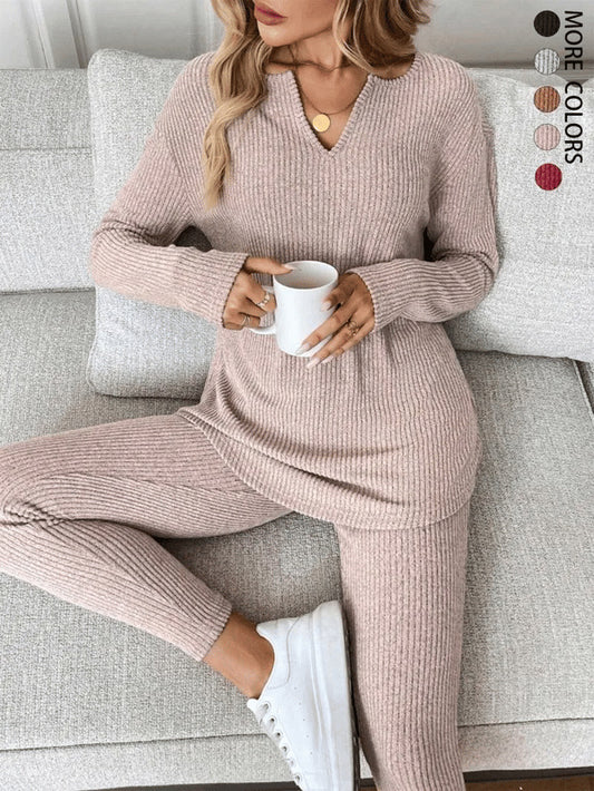 VVZ Women's Casual Plush Rib-Knit Long Sleeve T-Shirt And Leggings Set