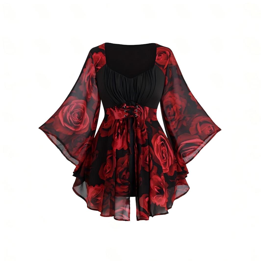 VVZ Rose-print asymmetrical ruffled lace-up tulle top