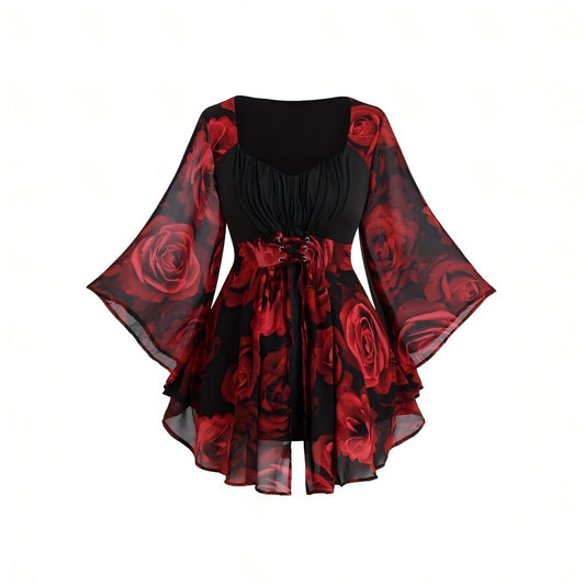 VVZ Rose-print asymmetrical ruffled lace-up tulle top
